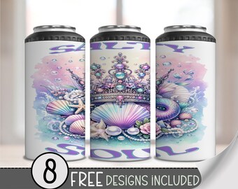 Salty Soul 4-in-1 Can Cooler Wrap, Mermaid Tail & Crown Wrap PNG, Pastel Coastal Sublimation File, Beachy Summer Can Wrap Design A251