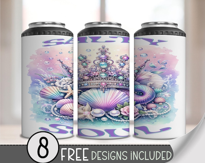Salty Soul 4-in-1 Can Cooler Wrap, Mermaid Tail & Crown Wrap PNG, Pastel Coastal Sublimation File, Beachy Summer Can Wrap Design A251