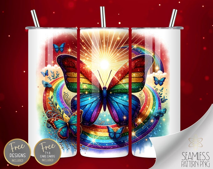Watercolor Rainbow Butterfly Tumbler Wrap, 20 oz Skinny Sublimation Wrap, Vibrant Glitter Wrap, Straight Template, Instant Download PNG