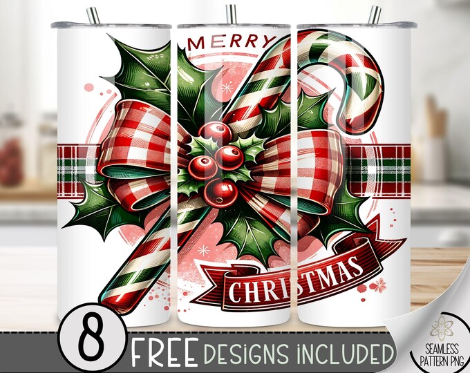 Merry Christmas Tumbler Wrap, Xmas Holiday Sublimation Design PNG, Merry Christmas Tumbler PNG, Candy Cane Seamless 20oz Skinny Tumbler Wrap