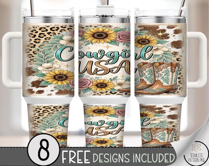 Cowgirl PNG, Floral Sunflower Sublimation Design, Leopard 40 Oz Tumbler Wrap, Digital Download, B10109