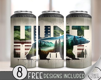 Bear Hunting 4in1 Can Cooler Wrap, Grizzly Bear Hunter 4 in 1 Tumbler PNG, Seamless 16 Oz Can Cooler Sublimation Design, Forest Mountain PNG