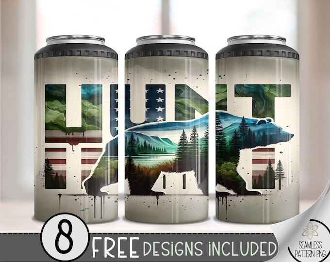 Bear Hunting 4in1 Can Cooler Wrap, Grizzly Bear Hunter 4 in 1 Tumbler PNG, Seamless 16 Oz Can Cooler Sublimation Design, Forest Mountain PNG