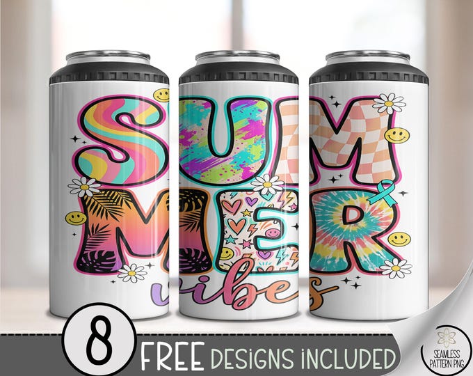 Summer 4in1 Can Cooler Wrap, Groovy Lettering Sublimation Design, Retro 16 oz 4-in-1 File, Digital Download, B10179