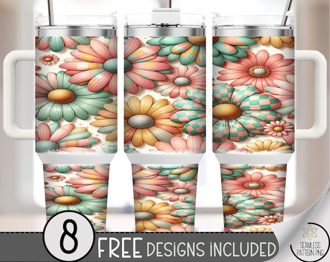 Seamless Daisy 40 oz Tumbler Wrap, Floral Sublimation Design, Retro Boho Daisy Pattern PNG Files, Vintage Pastel 40oz Tumbler Design A781