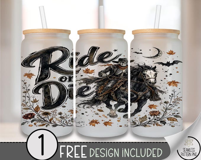 Halloween Skeleton Cowboy Glass Can Wrap, Spooky Western 16oz Tumbler Sublimation Design PNG, Digital Download, B10433