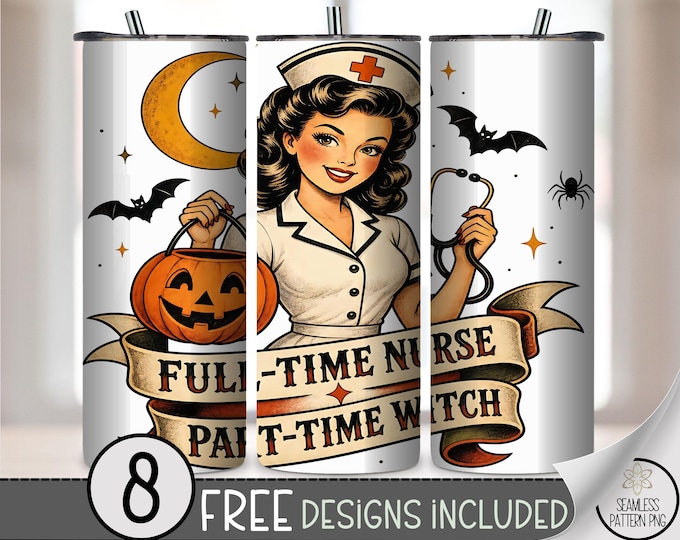 Halloween Nurse 20oz Tumbler Wrap, Retro Sublimation Design for Straight Tumblers, Witchy PNG Files, Digital Download, B10548