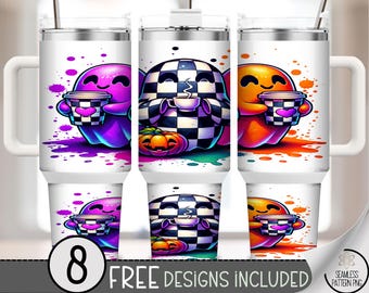 40 oz Tumbler Wrap PNG Halloween Ghosts, Checkerboard Coffee Ghosts Sublimation Design, Cute Colorful Spooky Wrap, A370