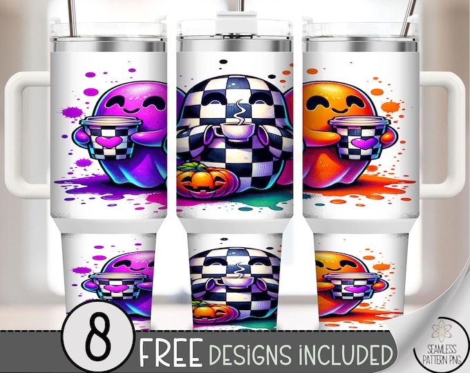 40 oz Tumbler Wrap PNG Halloween Ghosts, Checkerboard Coffee Ghosts Sublimation Design, Cute Colorful Spooky Wrap, A370