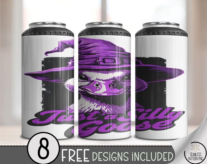 Fun Silly Goose Can Cooler Wrap, Purple Witch Hat Design, Duck 4 in 1 Drink Cooler, Halloween 4 in 1 Drink Cooler Design File, A427