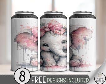 Baby Elephant Pink Bow 4in1 Can Cooler Wrap Sublimation Design, Digital Download, B10466