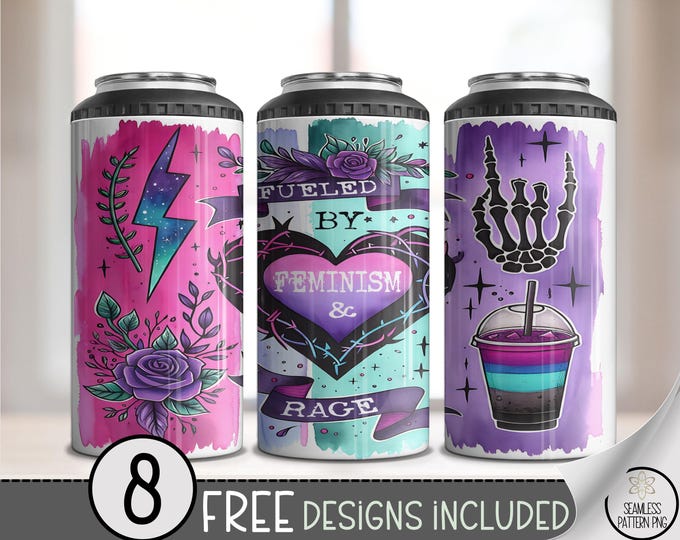 Fueled by Feminism & Rage Can Cooler Wrap PNG, 4-in-1 Skeleton Sublimation Design, 16 oz Neon Watercolor Aesthetic, 4 in 1 Punk Design, A353
