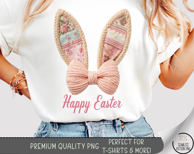 Faux Yarn Easter T-shirt PNG, Cute Sublimation Design, Oversized Bunny Ears DTF Shirt Graphic, Pastel Patchwork TShirt File, A662
