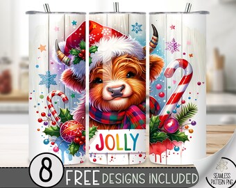 Highland Cow Christmas Tumbler Wrap, Xmas 20oz Skinny Tumbler Design, Jolly 20 oz Tumbler Wrap, Cute Christmas Tumbler PNG File,Holiday Wrap