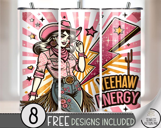 Yeehaw Energy Cowgirl Tumbler Wrap PNG, 20oz Western Pop Art Sublimation Design, 20 oz Retro Cowgirl with Lightning Bolt Design, A329