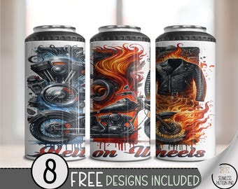 Motorcycle Flames and Wheels Can Cooler Wraps - 4 in 1 Printable Designs, Biker Cup Wrap, Set of 8 Unique Prints Included A484