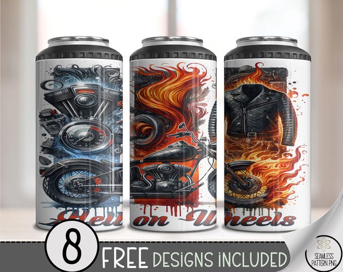Motorcycle Flames and Wheels Can Cooler Wraps - 4 in 1 Printable Designs, Biker Cup Wrap, Set of 8 Unique Prints Included A484