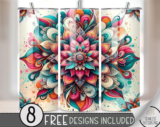 Seamless Pattern Tumbler Wrap, Mandala 20oz Skinny Tumbler Sublimation Design, Flower Tumbler Wrap File, Floral PNG, Seamless Zentangle File