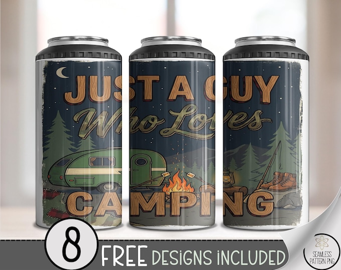 Just A Guy Who Loves Camping 4in1 Can Cooler Wrap, Camping Sublimation Design, Retro Outdoorsy 16 oz 4-in-1 File, Digital Download, B10125