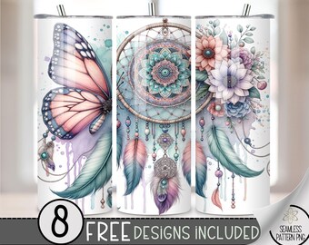 Boho Dreamcatcher Butterfly Floral Tumbler Wrap, Floral Boho Sublimation Design PNG, Ethereal 20Oz Skinny Tumbler File, Mandala Tumbler PNG