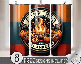 Cozy 20 oz tumbler wrap: Campfire Sublimation Design for Skinny Tumblers, Bonfires and Blanket PNG File, A634