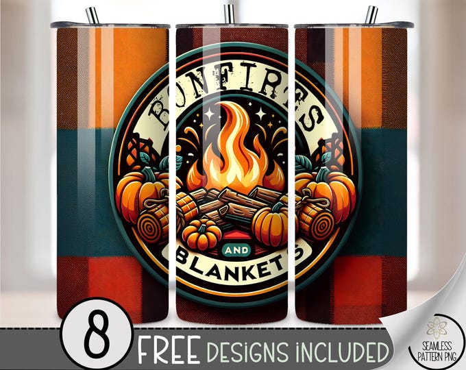 Cozy 20 oz tumbler wrap: Campfire Sublimation Design for Skinny Tumblers, Bonfires and Blanket PNG File, A634