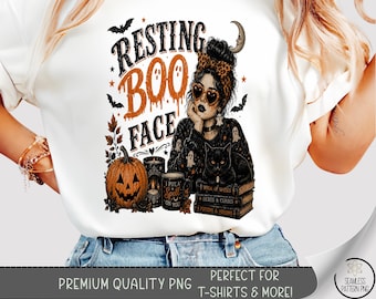 Halloween T-shirt PNG, Resting Boo Face Sublimation Design, Witch Girl DTF Shirt Graphic, Digital Download, B10342