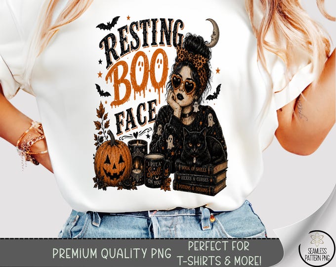 Halloween T-shirt PNG, Resting Boo Face Sublimation Design, Witch Girl DTF Shirt Graphic, Digital Download, B10342