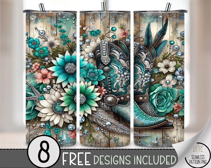 Country Cowgirl Boots 20 oz Tumbler Wrap, Glittery 20oz Skinny Tumbler Sublimation Design, Cowboy Boots Tumbler Wrap PNG,Floral Western A201