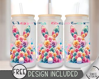 Easter Libbey Glass Wrap, Cute Bunny 16 Oz Glass Can Wrap PNG, Floral Glass Tumbler Wrap,Funny Bunny Glass Can Sublimation Wrap Design, A129