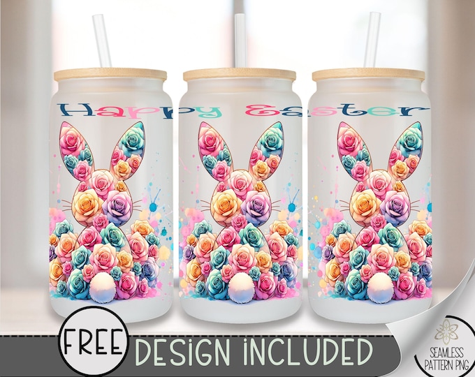 Easter Libbey Glass Wrap, Cute Bunny 16 Oz Glass Can Wrap PNG, Floral Glass Tumbler Wrap,Funny Bunny Glass Can Sublimation Wrap Design, A129