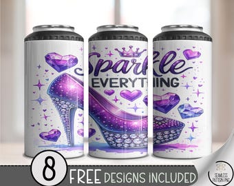 Sparkle Everything Tumbler Wrap 4-in-1, Purple High Heel Glitter PNG, Glam Sublimation Wrap, Rhinestone Can Cooler Design, A402