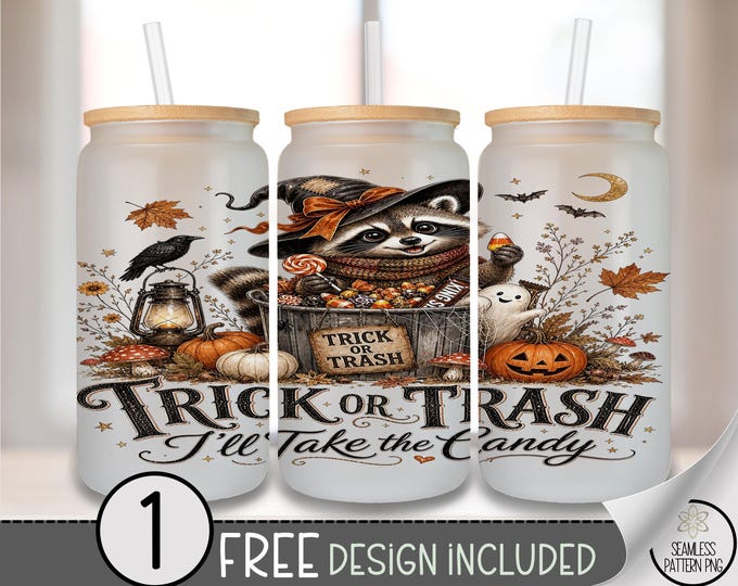 Halloween Raccoon Glass Can Wrap, Trick or Trash 16oz Tumbler Sublimation Design, Spooky PNG File, Digital Download, B10422