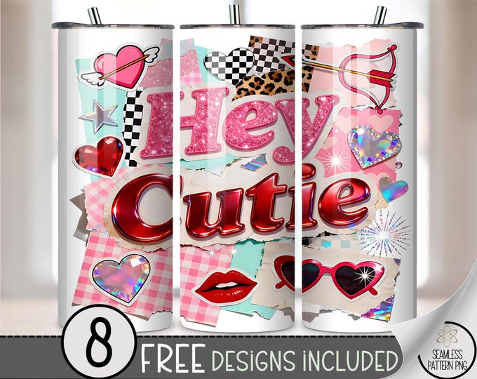 Hello Cutie 20 oz Tumbler Wrap PNG, Valentines Design, Cute Boujee Sublimation, Fancy Shimmering, Digital Download, A800