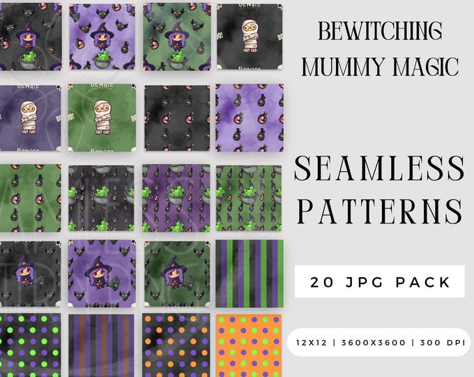 Digital Bewitching Mummy Magic Seamless Pattern JPG Bundle, Potion Cauldon Sublimation File, Witch Broom Bats Repeating Pack Commercial