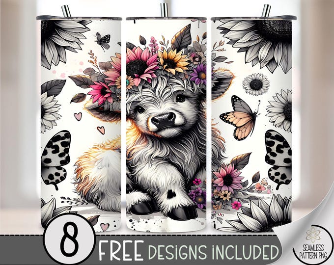 Black and White Highland Cow Flower Sublimation Design, Baby Highland Cow Sunflower 20 oz Tumbler Wrap PNG,Spring Highland Cow 20oz PNG A211