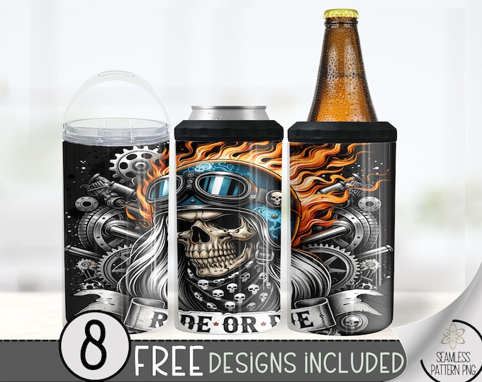 Motorcycle Can Cooler Design, Biker 4 in 1 Design Wrap, American 16oz 4in1 Can Cooler Wrap, Girl Motorcycle Sublimation, Patriotic Skull PNG