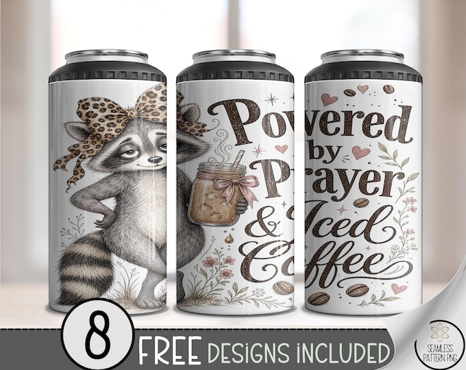 Powered by Prayer 4in1 Can Cooler Wrap, Sassy Raccoon Sublimation Design, Digital Download, B10518