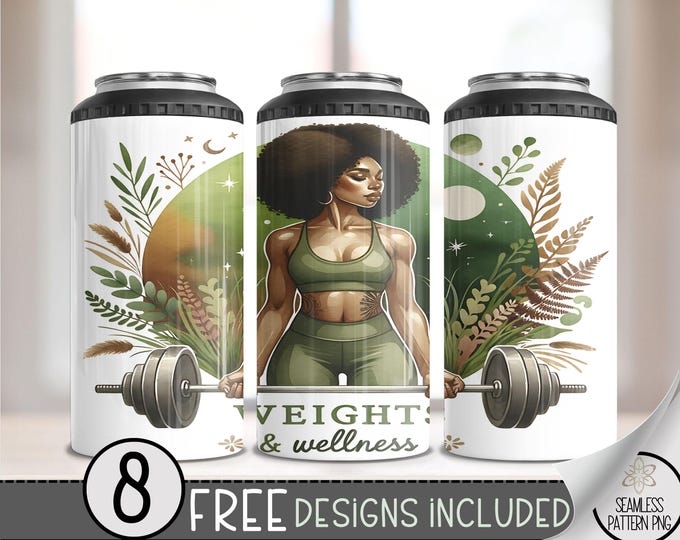Gym 4in1 Can Cooler Wrap, Fitness Sublimation Design, Athletic Training 16 Oz PNG, Floral Boho 4 in 1 Tumbler Png, Black Girl 16 Oz Can PNG