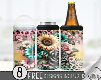 Vibrant Floral & Leopard 4in1 Can Cooler Wrap, Leopard Rose Floral 4 in 1 Tumbler PNG,Seamless Boho Chic 16 Oz Can Cooler Sublimation Design