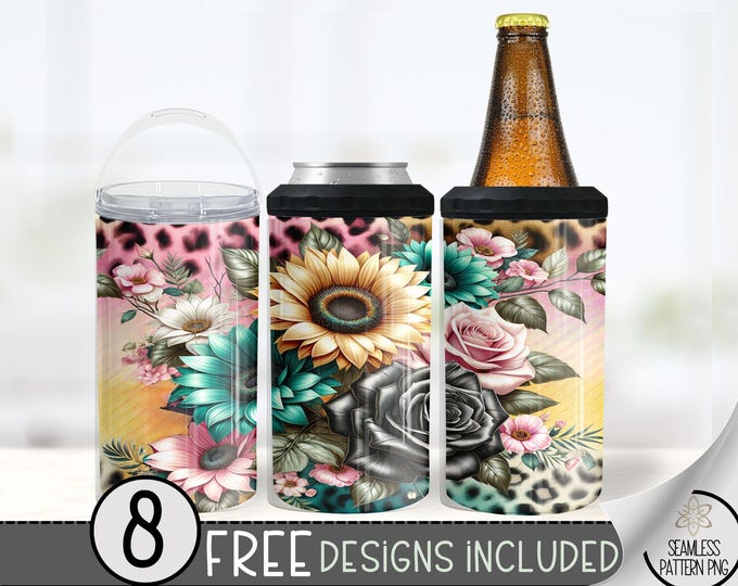 Vibrant Floral & Leopard 4in1 Can Cooler Wrap, Leopard Rose Floral 4 in 1 Tumbler PNG,Seamless Boho Chic 16 Oz Can Cooler Sublimation Design