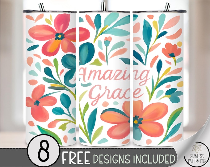 Amazing Grace Tumbler Wrap, Christian 20oz Skinny Tumbler Sublimation, Floral Religious 20 oz Tumbler Design File, 20oz Straight PNG A230