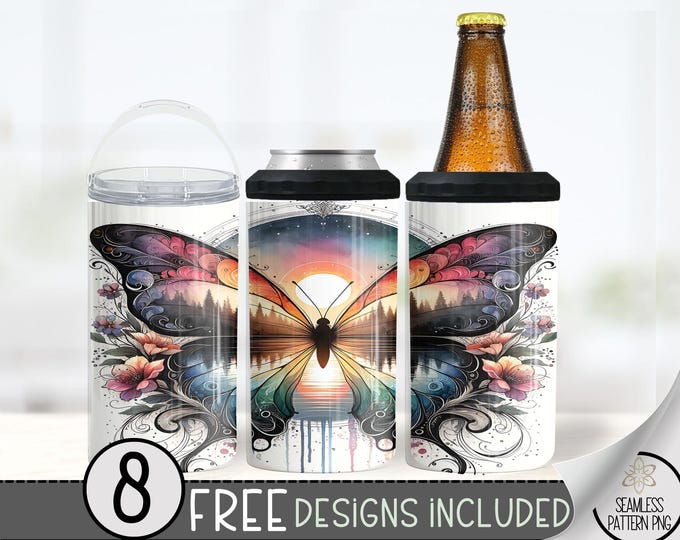 Boho Butterfly Floral 4in1 Can Cooler Wrap, Sunset 4 in 1 Tumbler PNG, Seamless Ethereal 16 Oz Can Cooler Sublimation Design, Elegant Nature