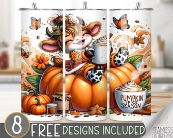 Highland Cow Pumpkin Spice Tumbler Wrap Design, Fall Coffee 20 oz Sublimation PNG, Autumn Pumpkin Spice Latte,Cinnamon & Coffee Beans Design
