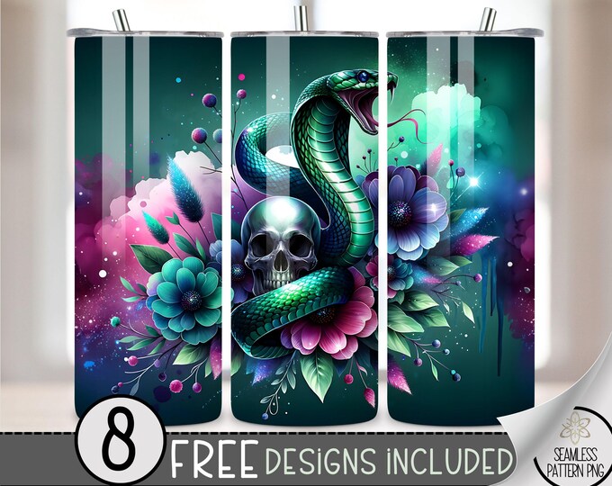 Gothic Skull And Floral Tumbler Wrap, Flower Snake 20oz Skinny Tumbler Sublimation Design, Striking Snake Tumbler Wrap File Scull PNG