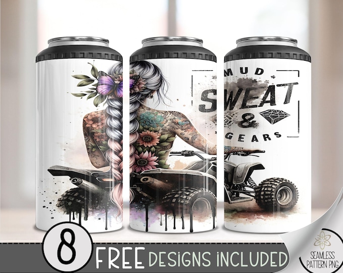4 Wheeler 4 in 1 Can Cooler Wrap, ATV 4in1 Tumbler PNG, Tattoo Gril 16 Oz Can Cooler Sublimation Design, Four Wheeler Hard Can Cooler Wrap