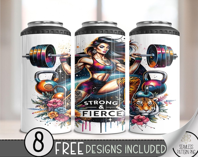 Gym 4in1 Can Cooler Wrap,Fitness Sublimation Design,Athletic Training 16 Oz PNG,Floral Boho 4 in 1 Tumbler Png,Strong & Fierce 16 Oz Can A63