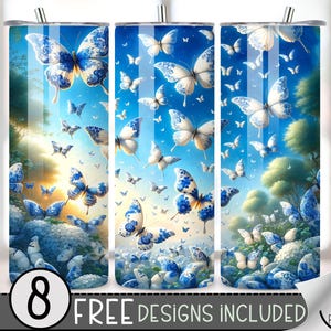 Butterfly Blue Floral Tumbler Wrap, Preppy Chinoiserie Sublimation Design PNG, French Toile 20Oz Skinny Tumbler File, Grand Millennial Png