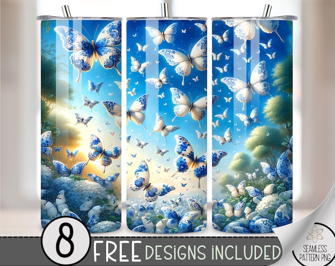 Butterfly Blue Floral Tumbler Wrap, Preppy Chinoiserie Sublimation Design PNG, French Toile 20Oz Skinny Tumbler File, Grand Millennial Png