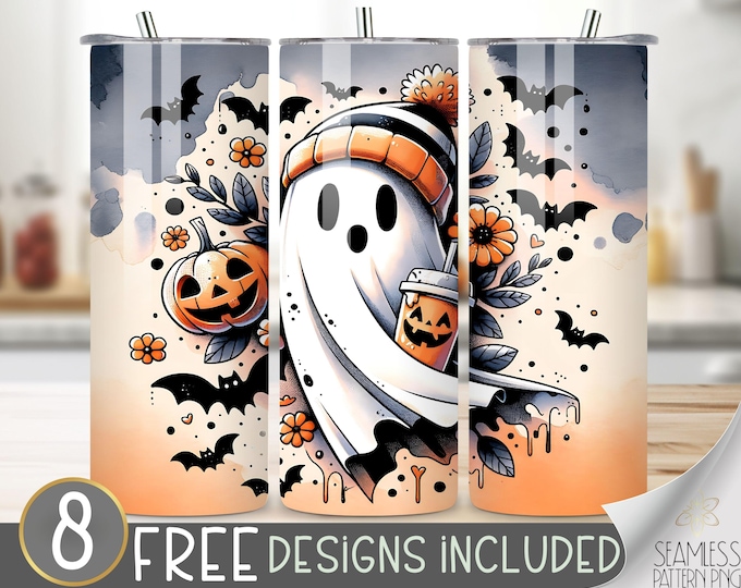 Ghost Tumbler Wrap PNG, Cute Halloween Ghost with Pumpkin and Iced Latte, 20oz Sublimation Design, Spooky Season Skinny Tumbler Wrap